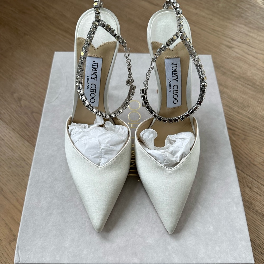 Jimmy Choo Saeda Ivory/Crystal - Size 7/37 - New